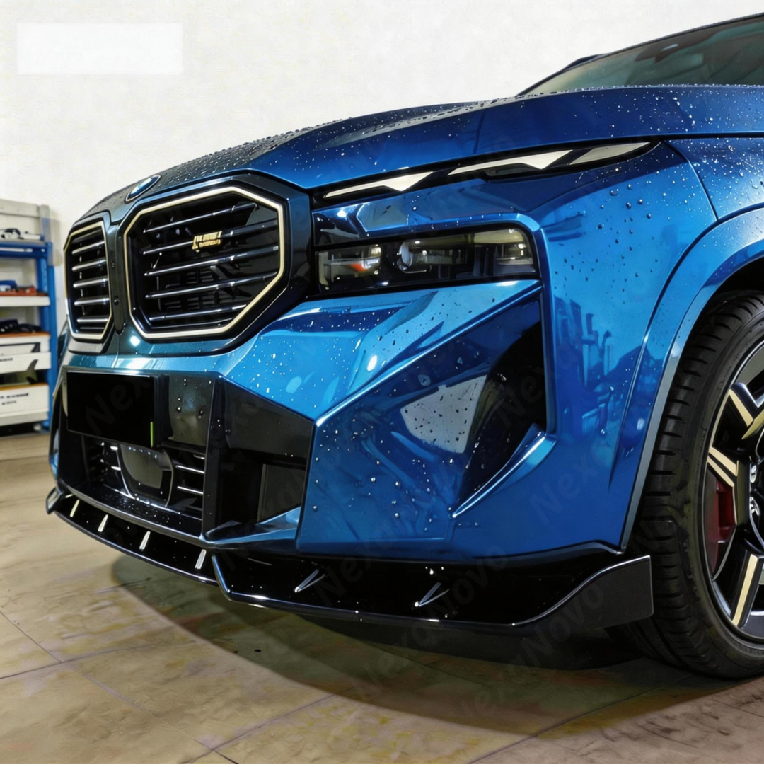 Full 3/4 view of a 2025 BMW XM Label featuring the NexaNovo gloss black front lip kit