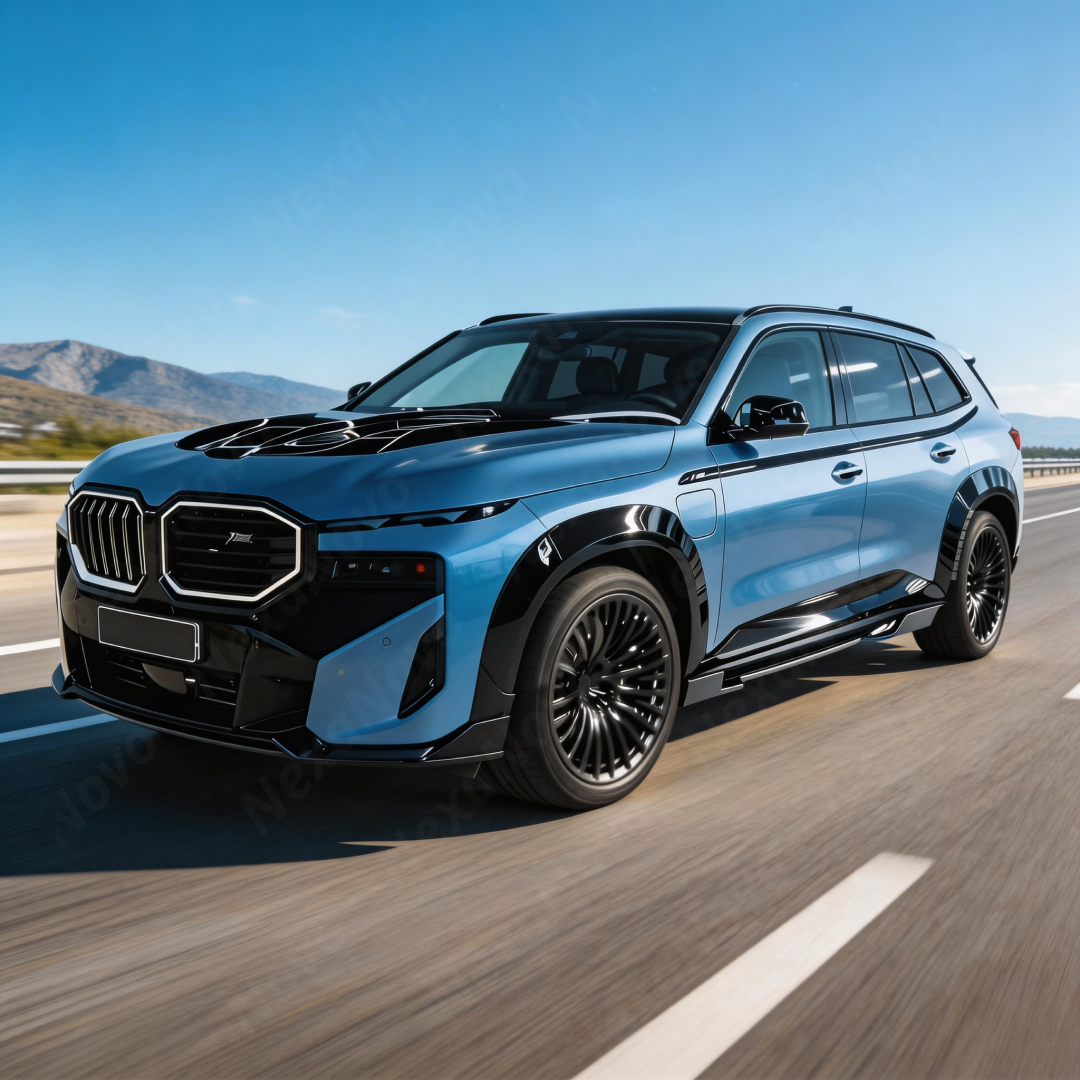 Direct side profile of the NexaNovo aerodynamic gloss black rocker panels for 2023-2026 BMW XM