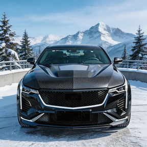 Direct front-facing view of the NexaNovo authentic carbon fiber hood for 2020-2026 Cadillac CT4