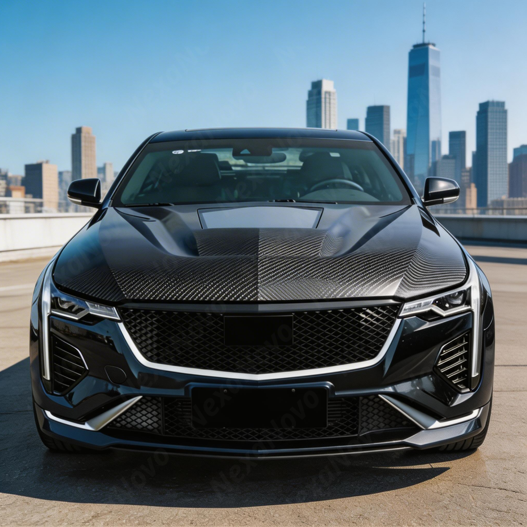2023 Cadillac CT4 in motion highlighting the lightweight performance of the NexaNovo carbon hood