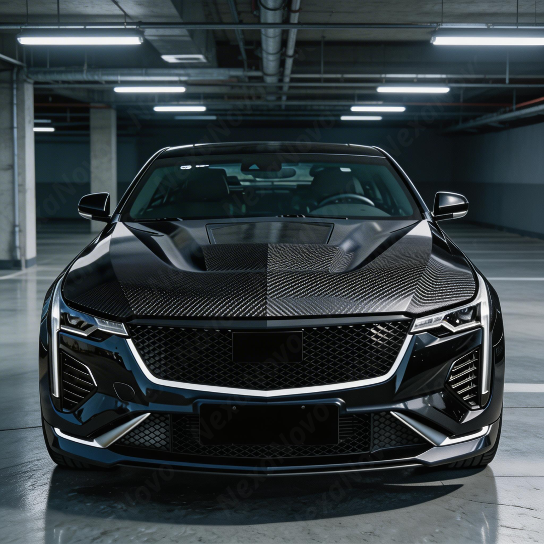 Full 3/4 view of a 2024 Cadillac CT4-V Blackwing featuring the NexaNovo CT style carbon hood