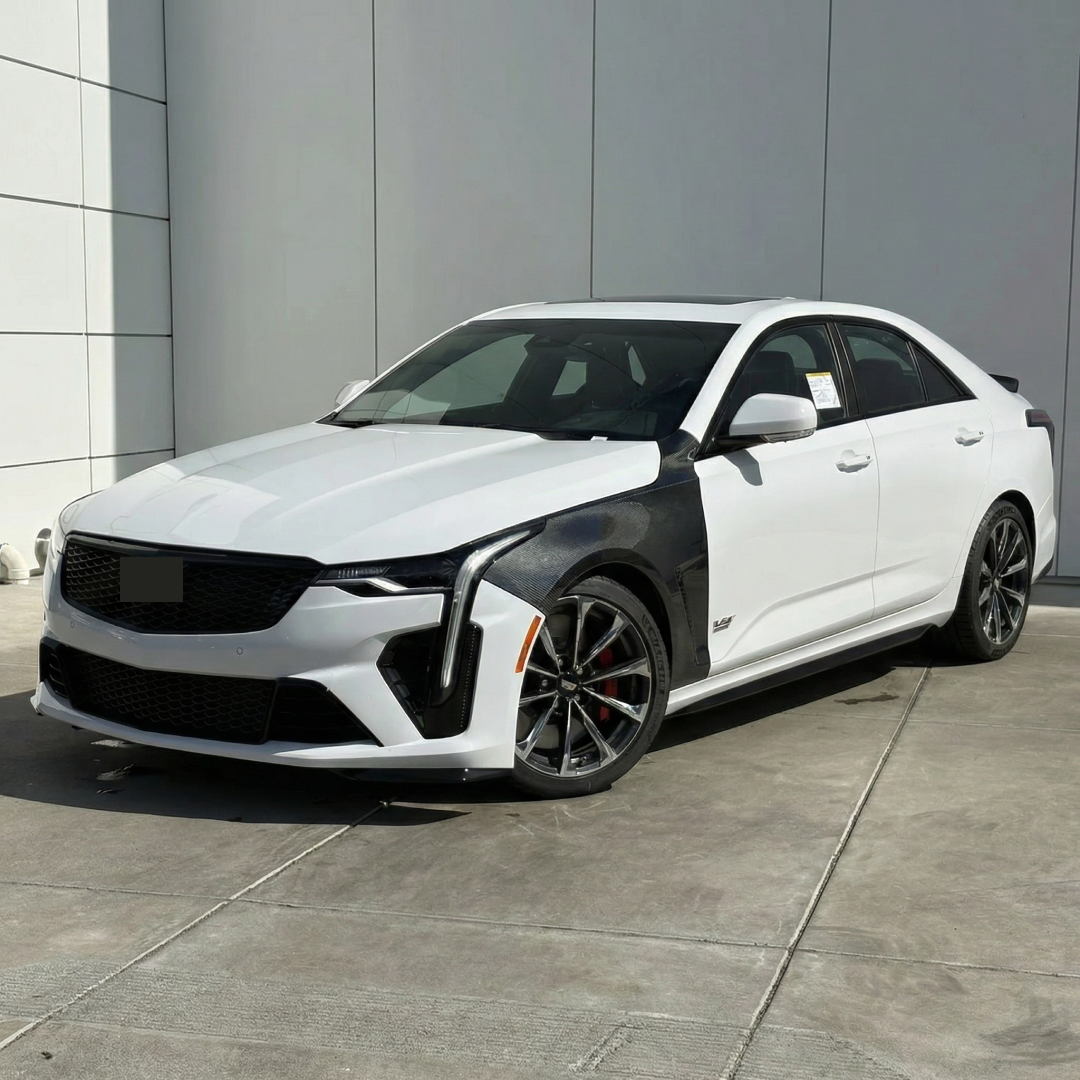 Direct side profile of the aggressive carbon fiber vented fenders for Cadillac CT4-V 2020-2026