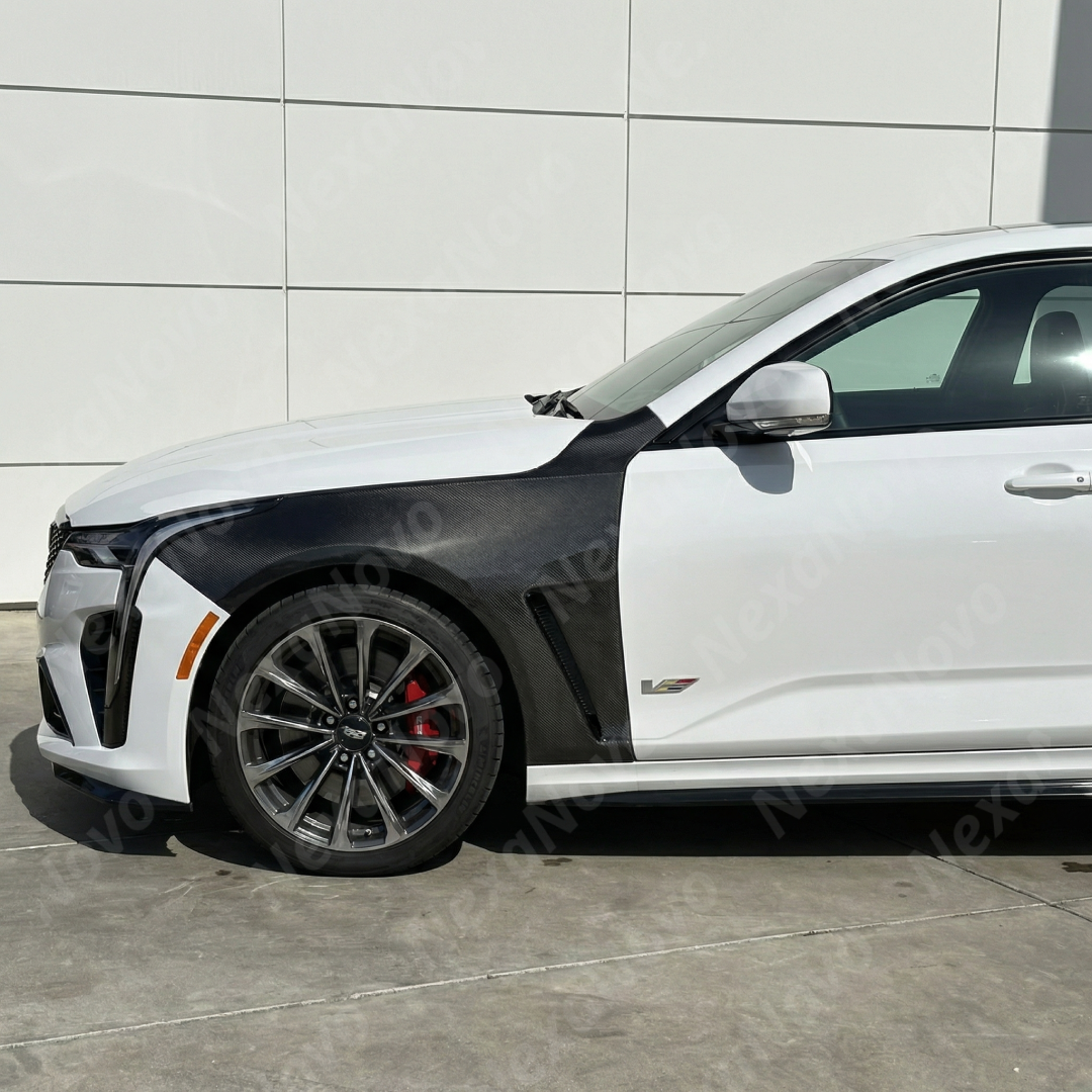 Full 3/4 view of a Cadillac CT4-V Blackwing featuring lightweight real carbon fiber fender replacements