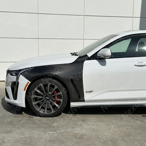 Full 3/4 view of a Cadillac CT4-V Blackwing featuring lightweight real carbon fiber fender replacements