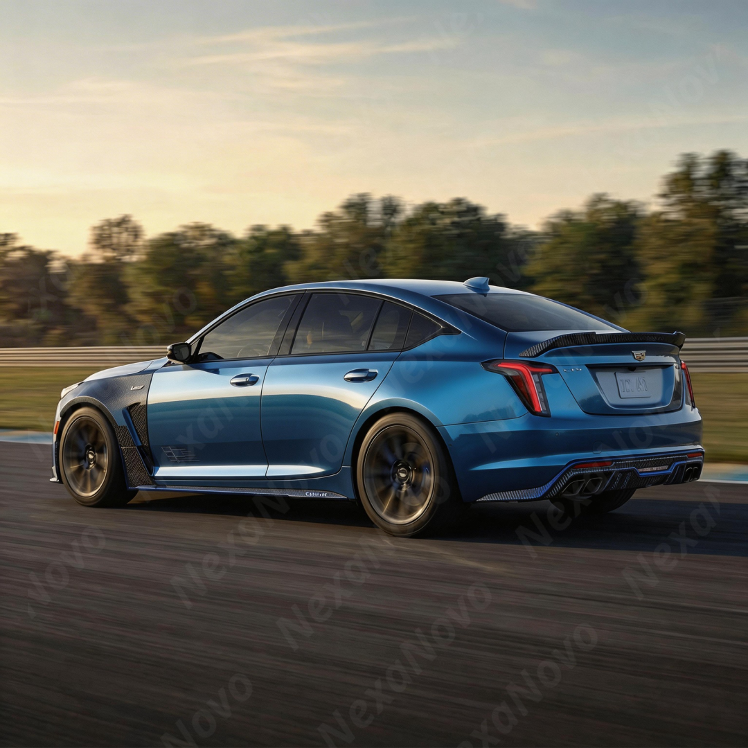 2024 Cadillac CT5 Blackwing in motion highlighting the aerodynamic profile of the NexaNovo trim