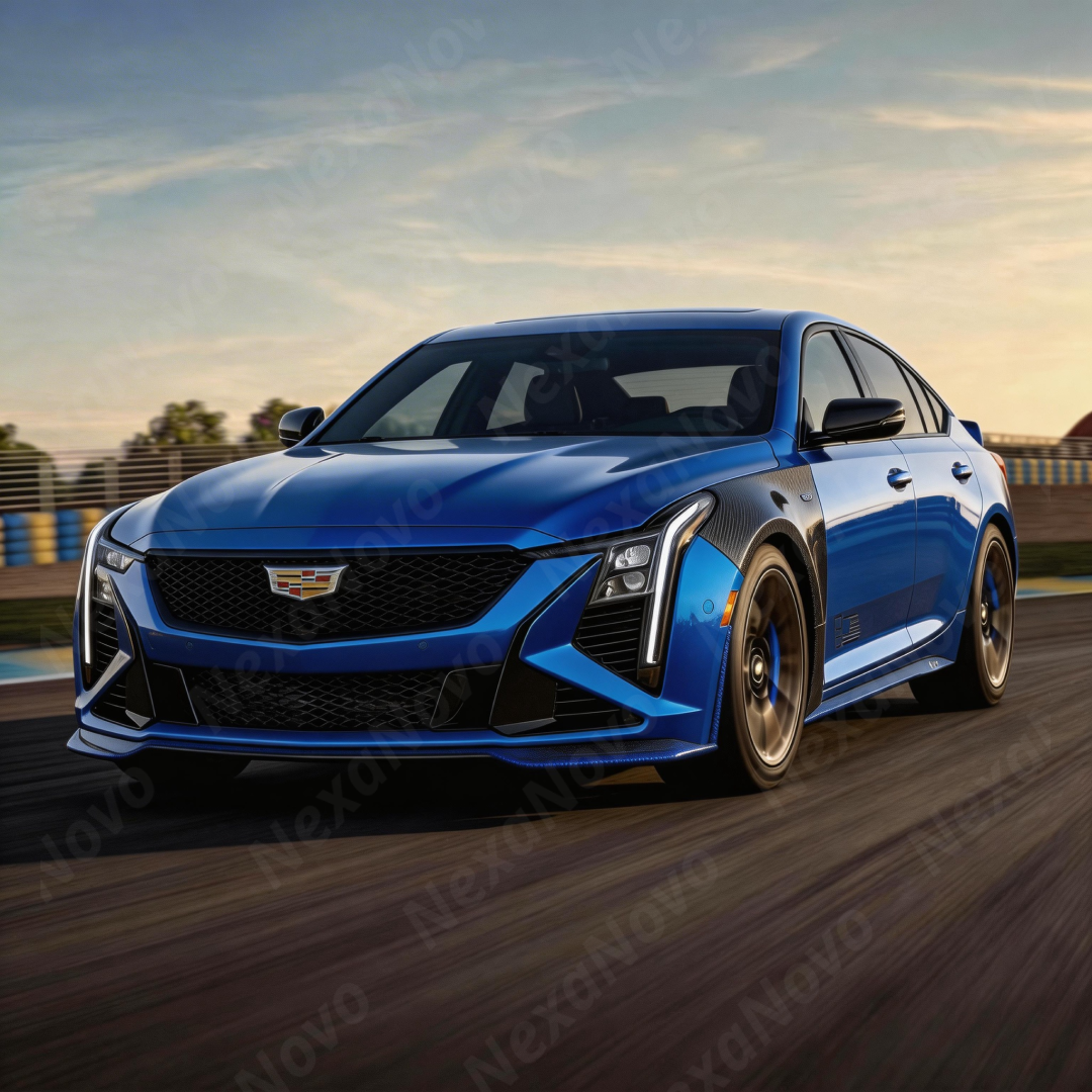Full side-view perspective of a Cadillac CT5 Blackwing featuring NexaNovo real carbon fiber fender accents