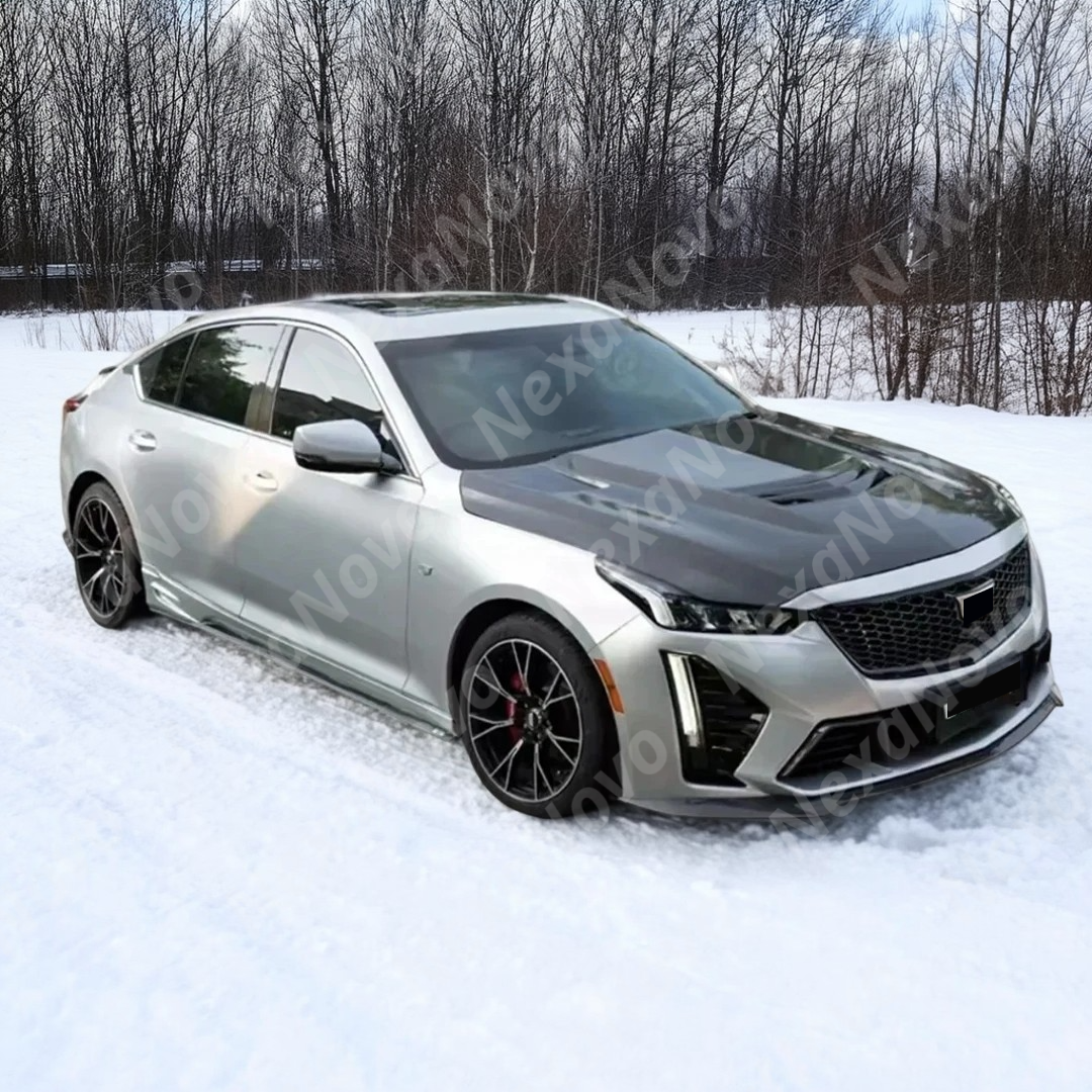 Cadillac CT5 in motion with NexaNovo real carbon fiber hood cover