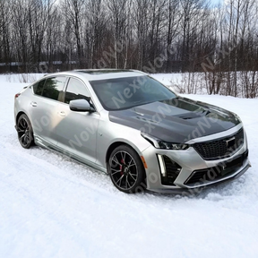 Cadillac CT5 in motion with NexaNovo real carbon fiber hood cover