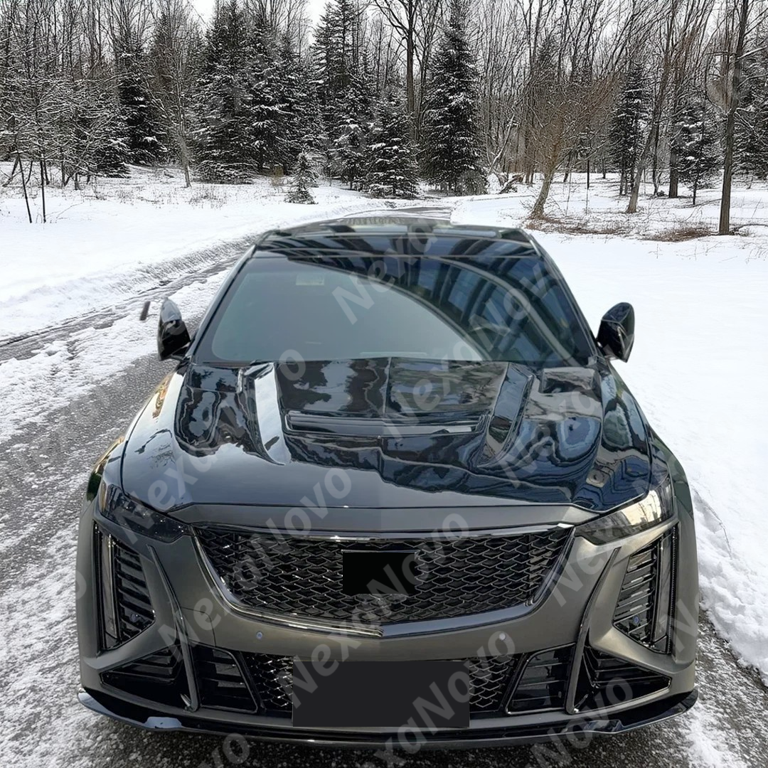 Underside view of uninstalled NexaNovo carbon fiber hood cover showing mounting points