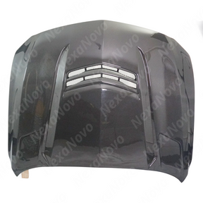 Uninstalled NexaNovo real carbon fiber V style vented engine hood cover, top view