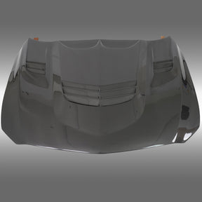 Direct front-facing view of the NexaNovo authentic carbon fiber hood for 2020-2026 Cadillac CT5