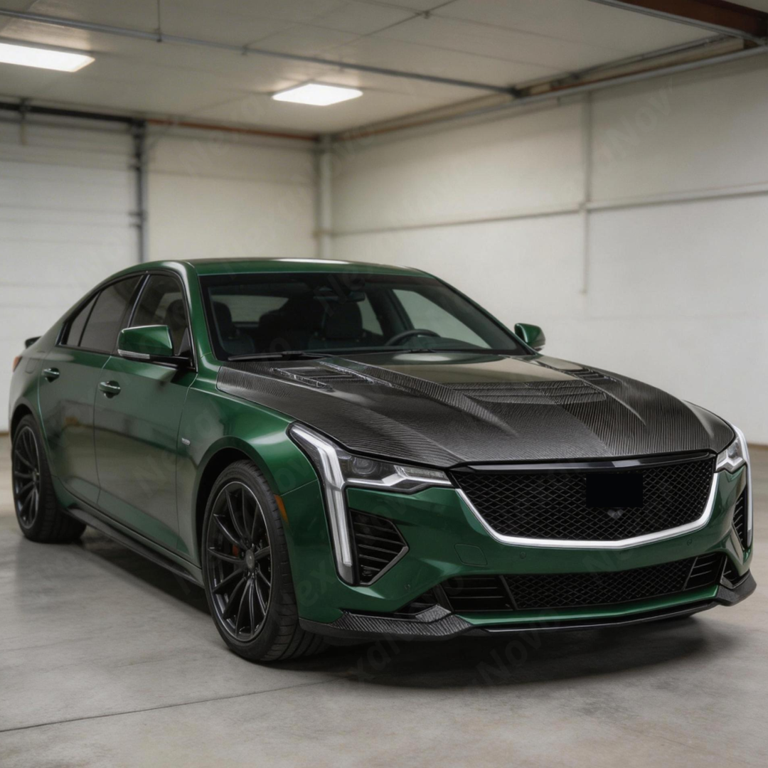 Cadillac CT5 with new NexaNovo real carbon fiber hood parked in a professional detailing bay