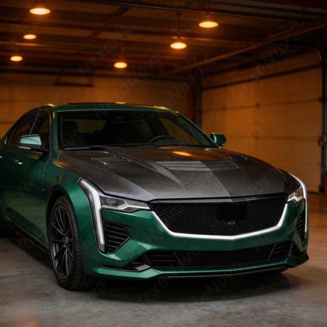 Full 3/4 view of a 2024 Cadillac CT5-V Blackwing featuring the NexaNovo CT style carbon hood