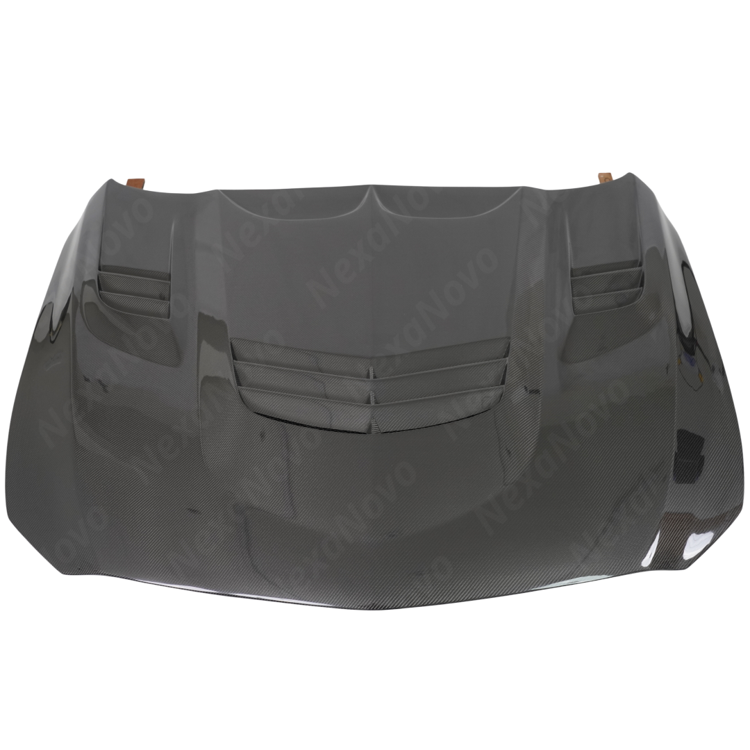 Standalone view of the uninstalled NexaNovo CT style real carbon fiber front engine hood