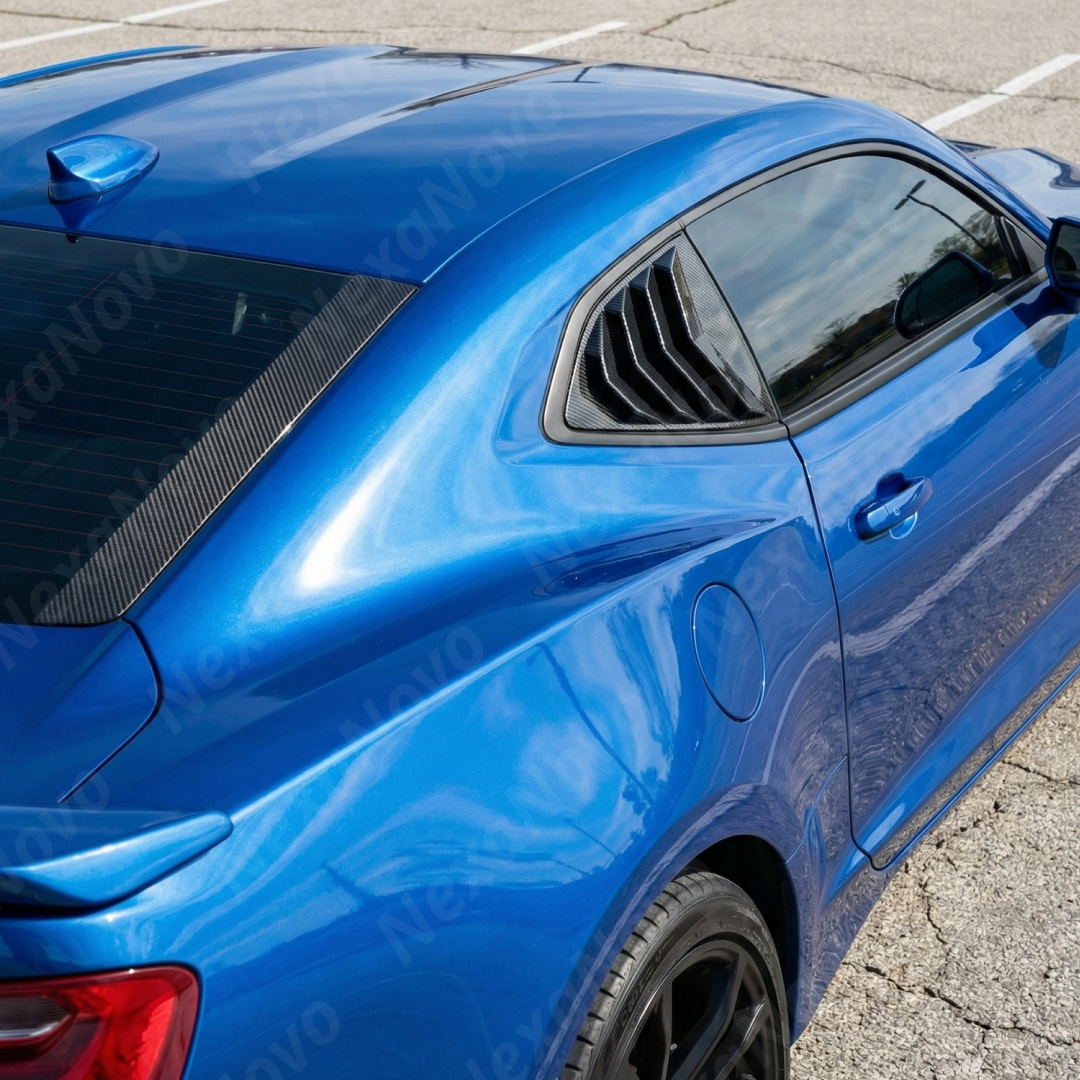 Precision flush fitment of NexaNovo carbon fiber louvers on a 2013 Camaro side quarter glass