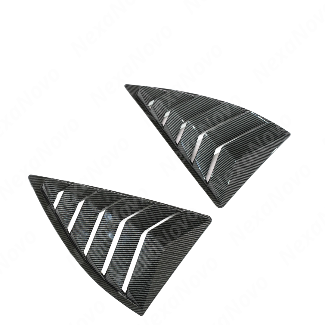 Low angle view emphasizing the muscular racing aesthetic of NexaNovo carbon fiber side window shades