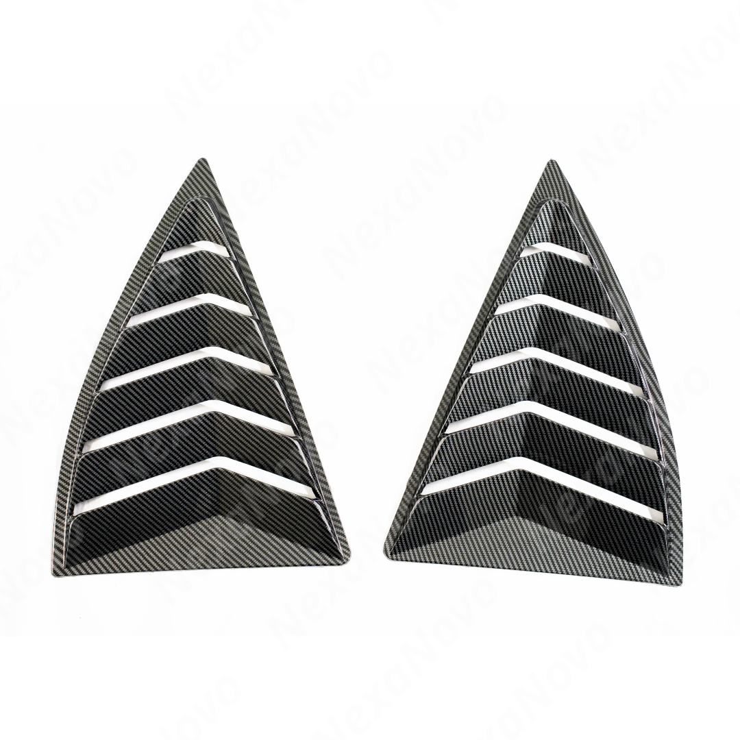 Stealthy integrated carbon fiber look of NexaNovo side window covers on a black Chevrolet Camaro