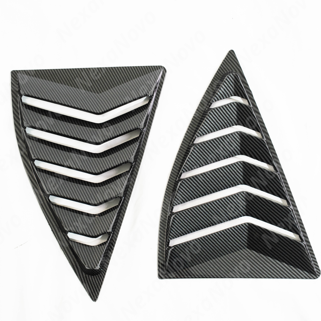 NexaNovo carbon fiber print side quarter window louvers providing sharp contrast on a white 5th Gen Camaro