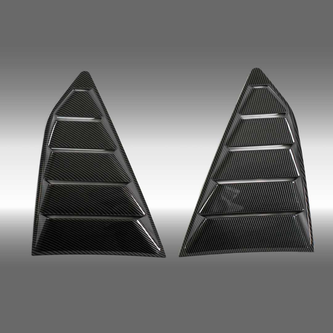 NexaNovo carbon fiber print side quarter window louver sun shade cover installed on a 2016 Chevrolet Camaro