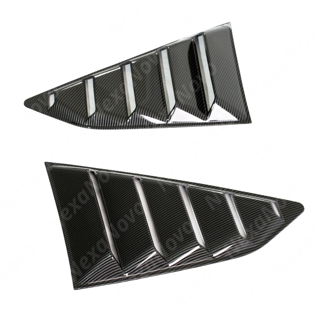Detailed view of the high-definition carbon fiber print weave on the NexaNovo side window louver