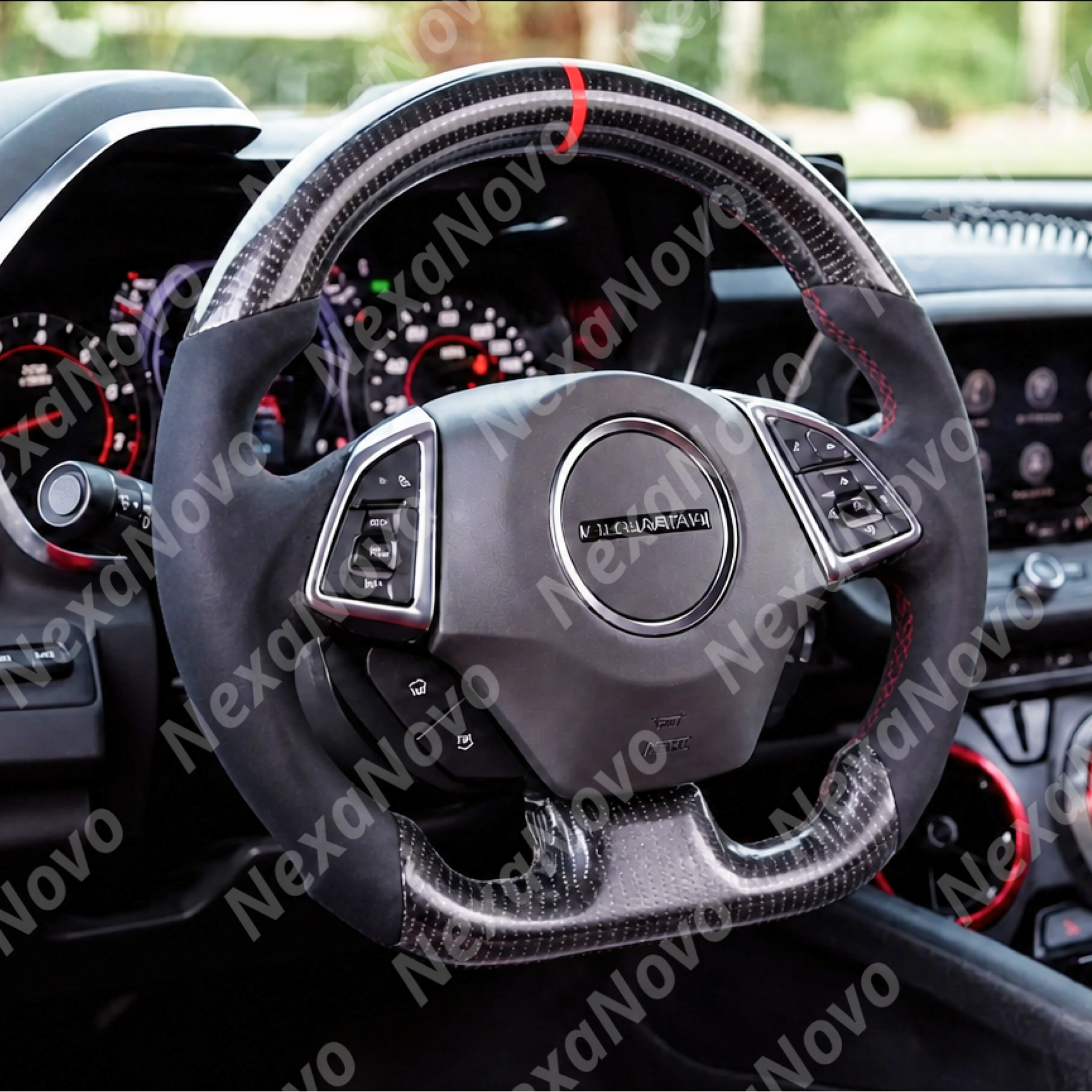 Driver seat view highlighting the track-inspired carbon fiber steering wheel integrated with the digital driver cluster