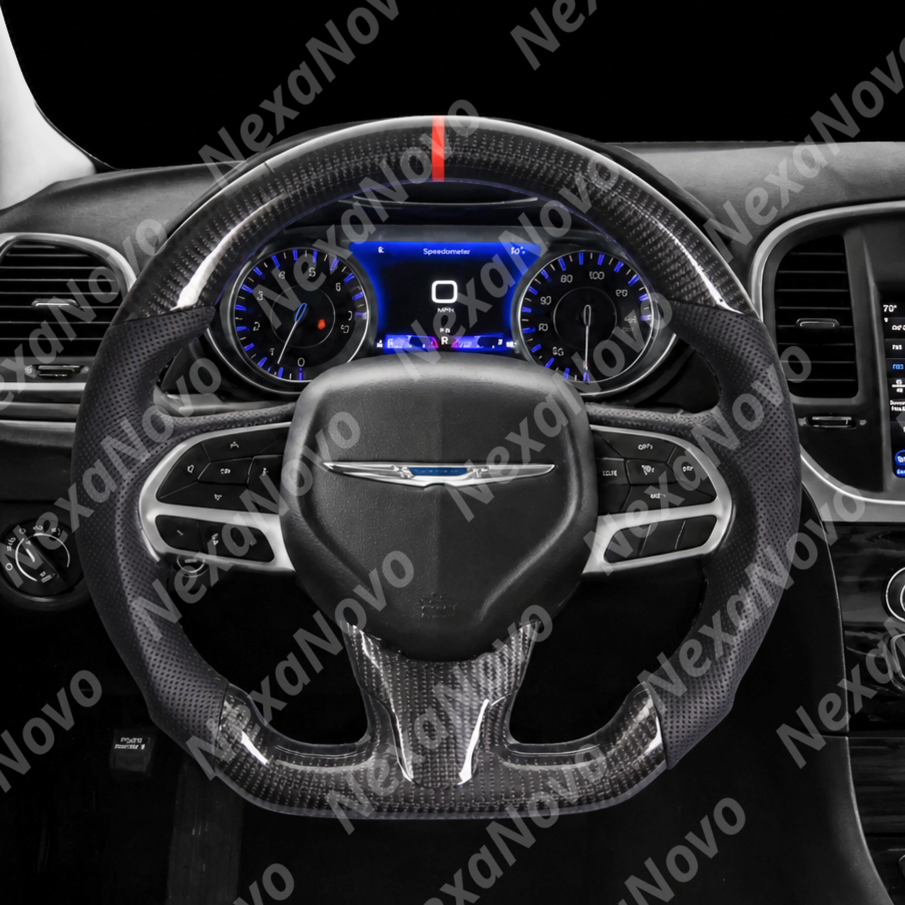 Driver seat view highlighting the track-inspired carbon fiber wheel framing the instrument gauge cluster