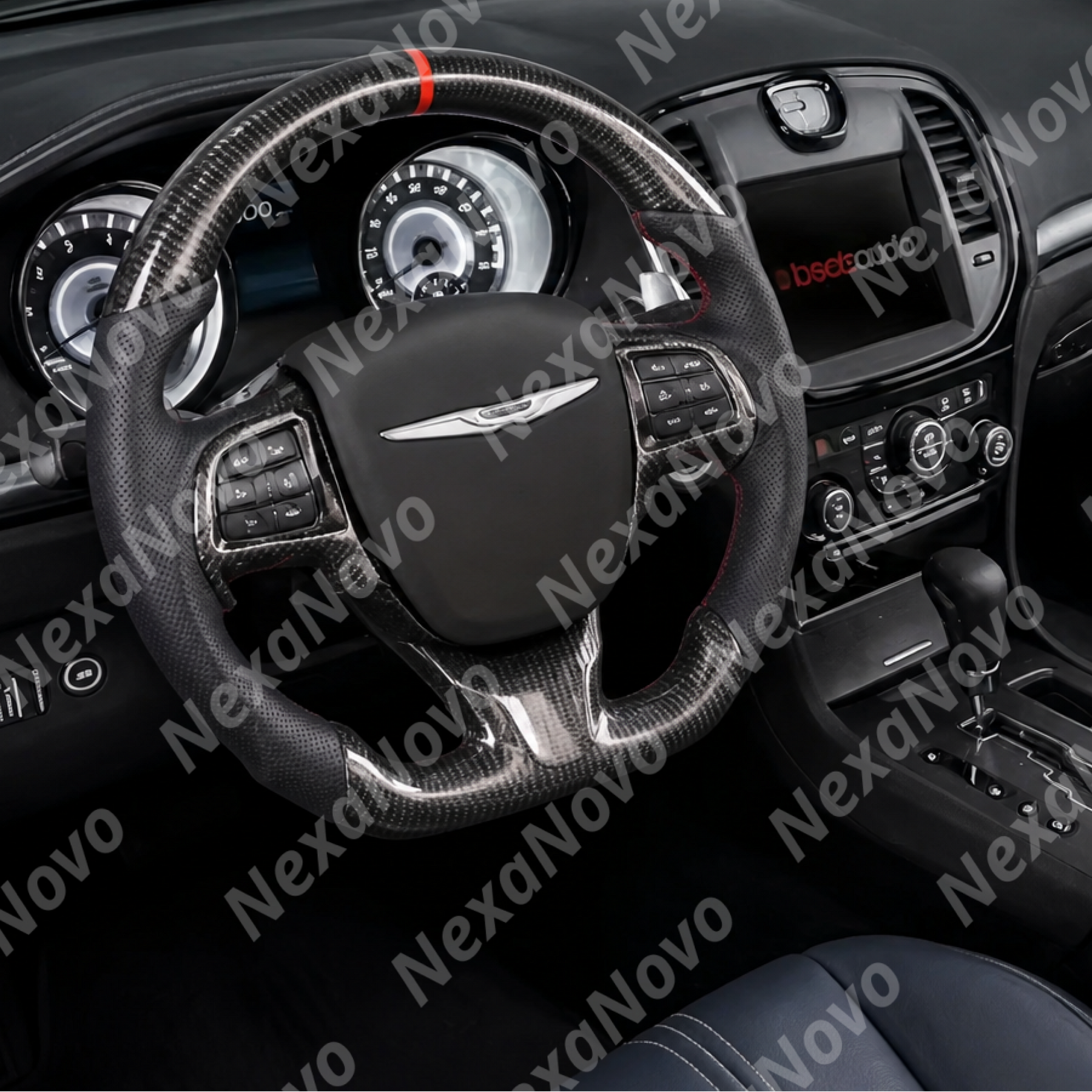 Wide-angle interior shot displaying the gloss carbon fiber wheel integrating with the Chrysler 300 luxury dashboard and center console
