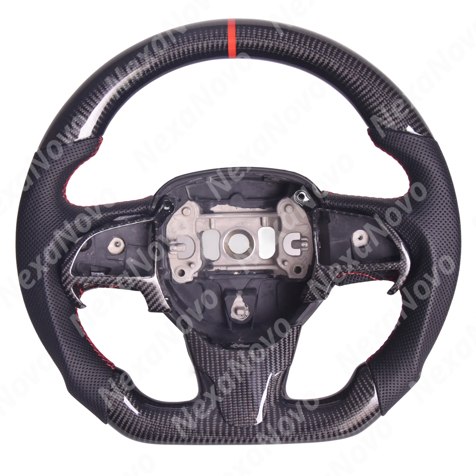Side angle view demonstrating clearance for factory steering wheel paddle shifters behind the thickened leather hand grips