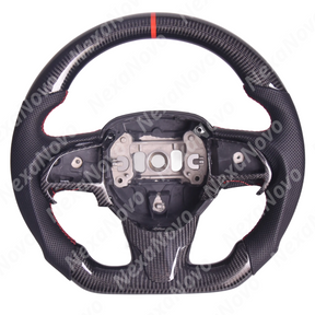 Side angle view demonstrating clearance for factory steering wheel paddle shifters behind the thickened leather hand grips