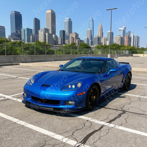 Full side profile of a 2006 Chevrolet Corvette C6 with NexaNovo ZR1 style side skirts and flaps