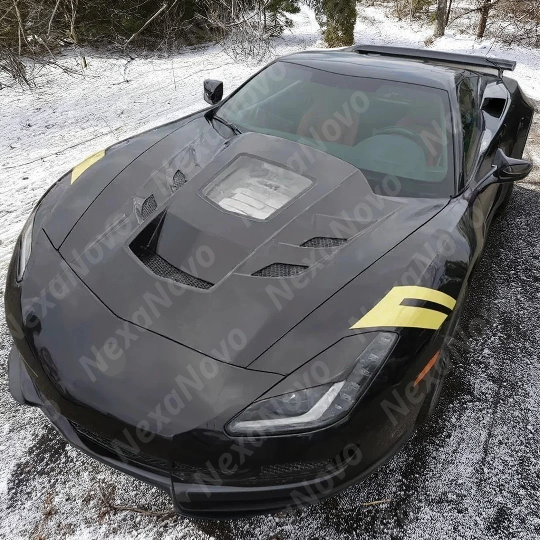 NexaNovo real carbon fiber vented engine hood cover on a white Chevrolet Corvette C7