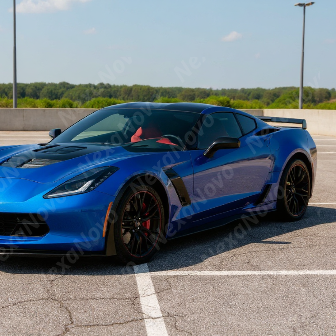 Uninstalled front section piece of the NexaNovo Z06 style carbon fiber print side skirt