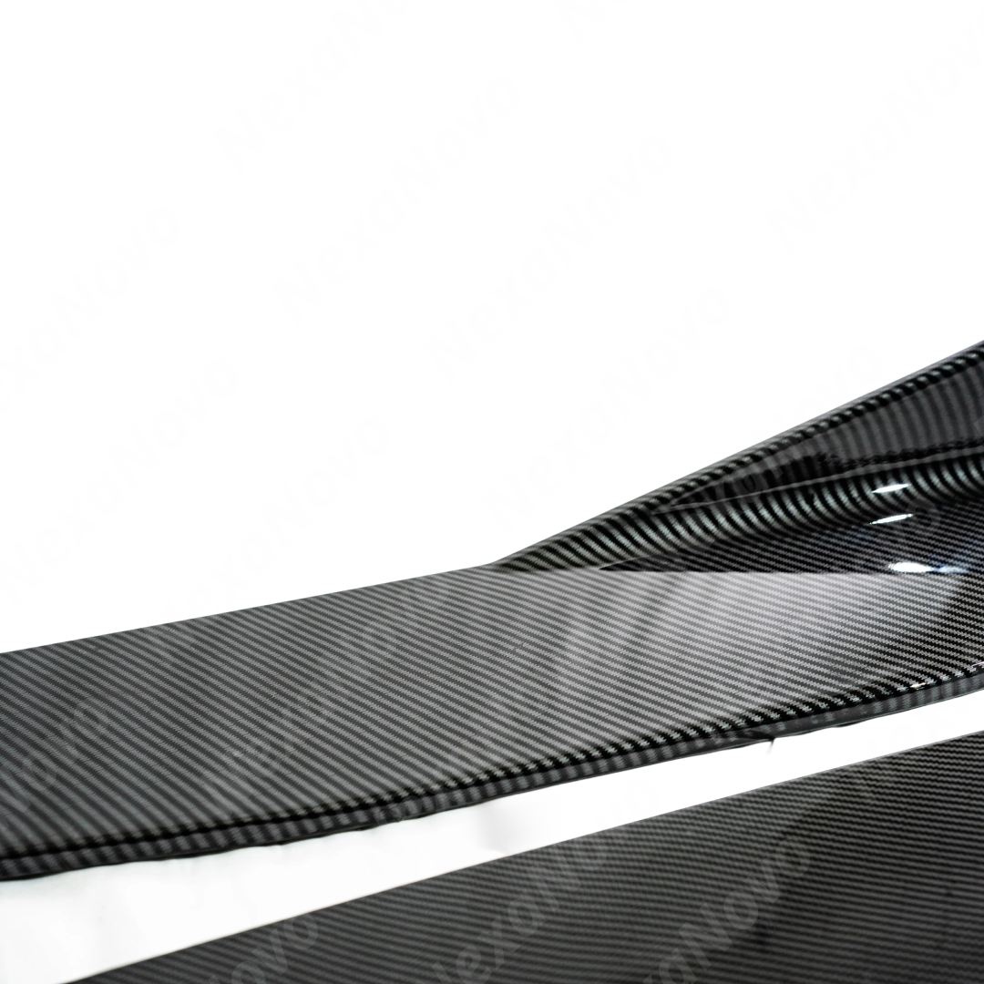 Detailed view of the carbon fiber print pattern and gloss clear coat on NexaNovo skirts