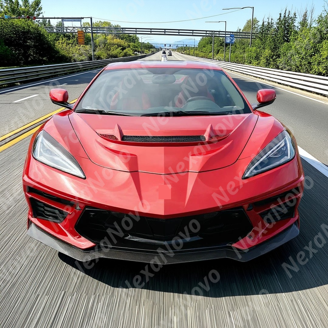 Full front view of a 2021 Chevrolet Corvette C8 with new NexaNovo hood cover