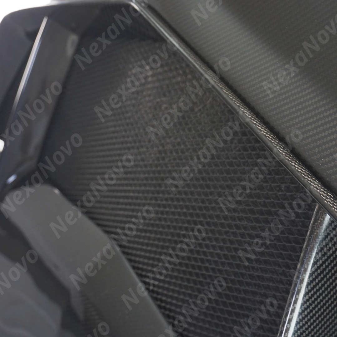 NexaNovo carbon fiber hood cover integrated on a black Chevrolet Corvette C8