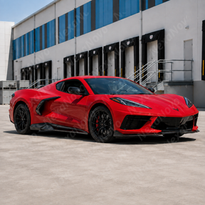 Low-angle track view showcasing the wide flare and ground-hugging stance of the NexaNovo C8 exotic side skirt extensions