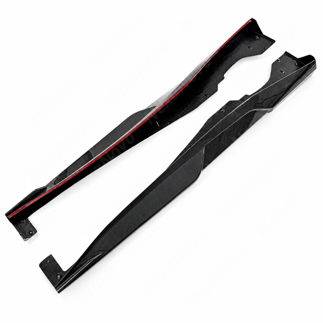 3K twill carbon fiber exotic side skirts by NexaNovo providing contrast on a Torch Red Chevrolet Corvette C8