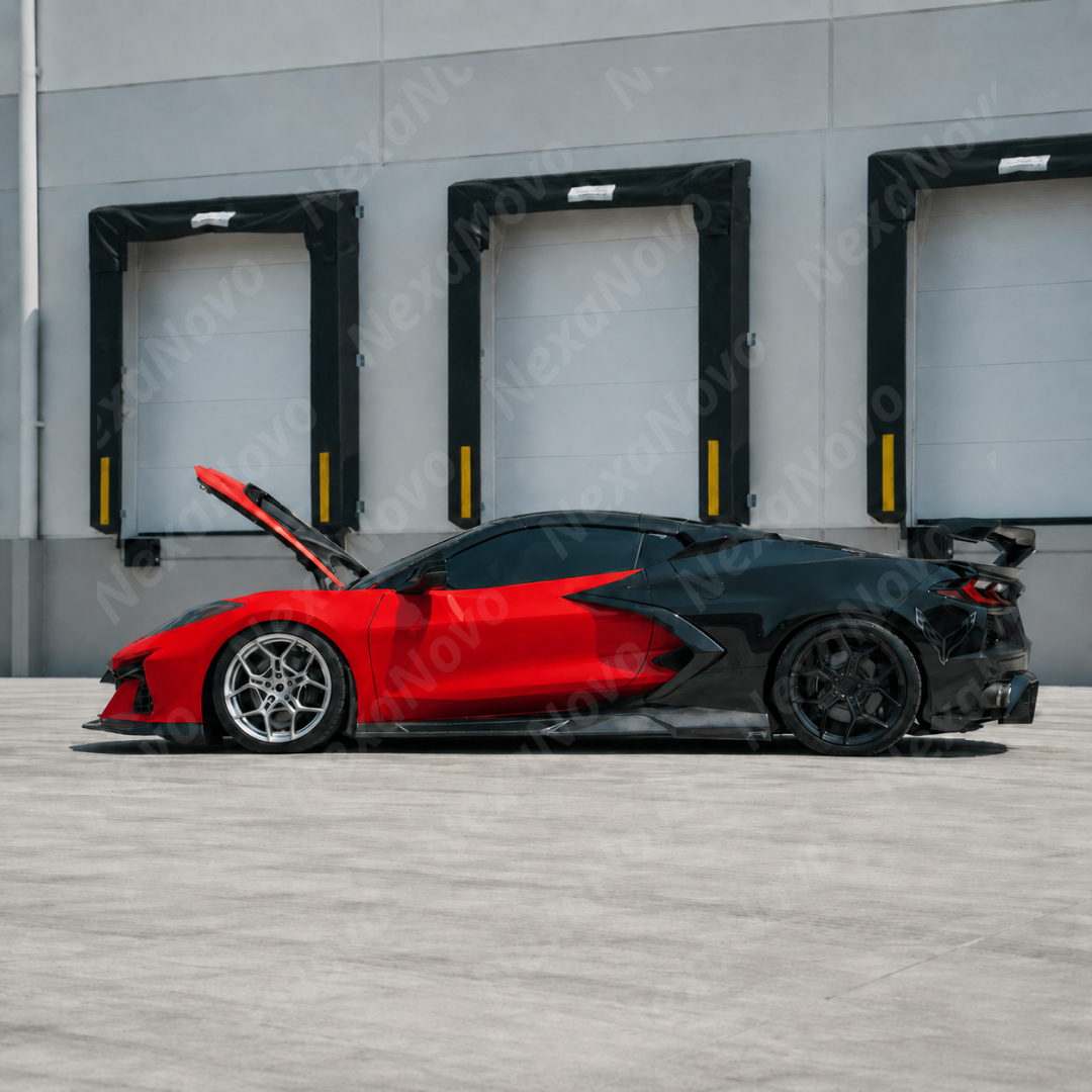 Reflective UV-protected high-gloss lacquer finish on the NexaNovo exotic side skirts under direct sunlight