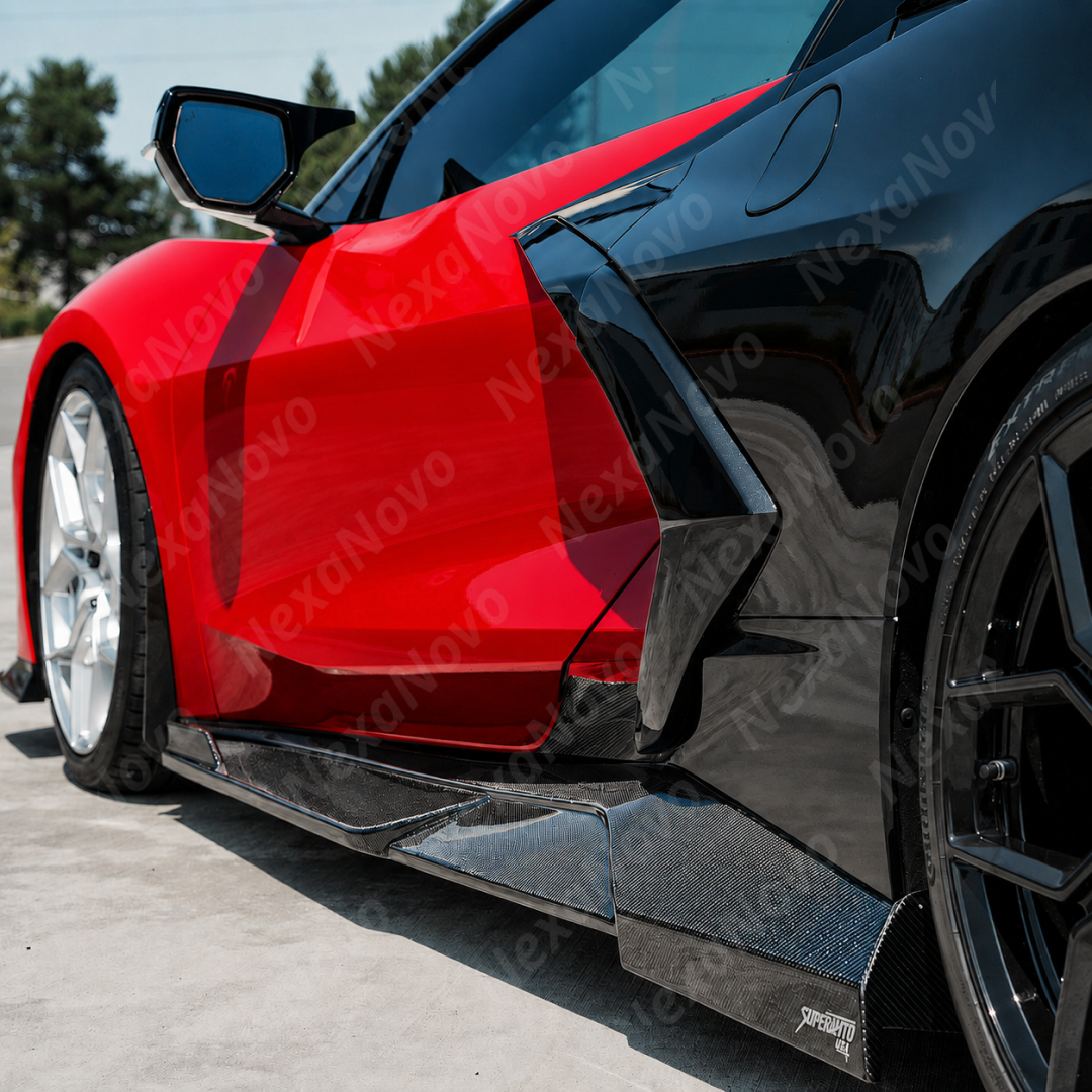 Standalone view of the uninstalled driver and passenger side NexaNovo exotic carbon fiber side skirt extensions
