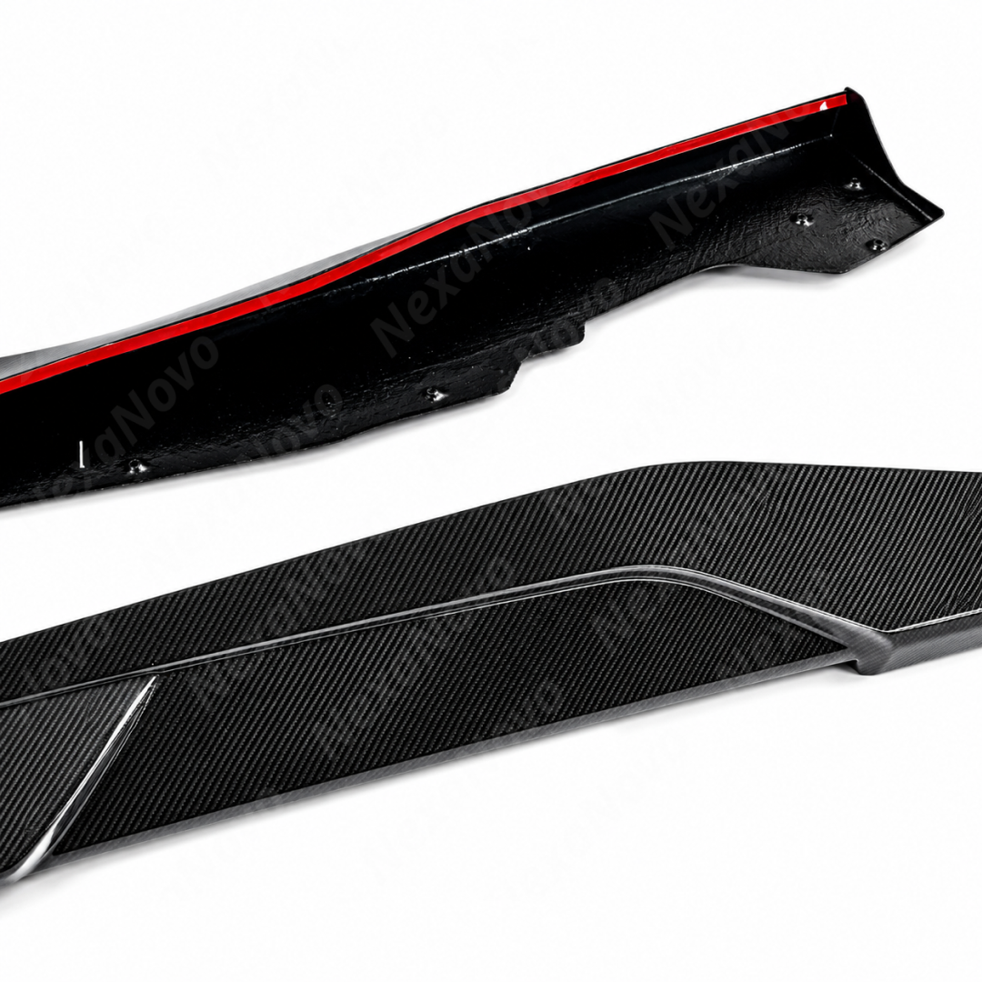 Visual comparison between the factory clean lower rocker and the widened exotic style NexaNovo carbon fiber side skirt