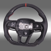 Custom 3K gloss carbon fiber sport steering wheel installed in a Dodge Challenger SRT Hellcat cockpit