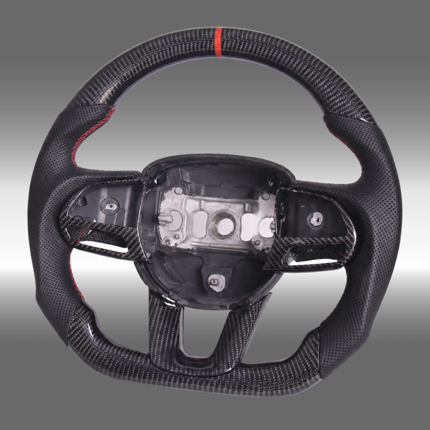 Custom 3K gloss carbon fiber sport steering wheel installed in a Dodge Challenger SRT Hellcat cockpit