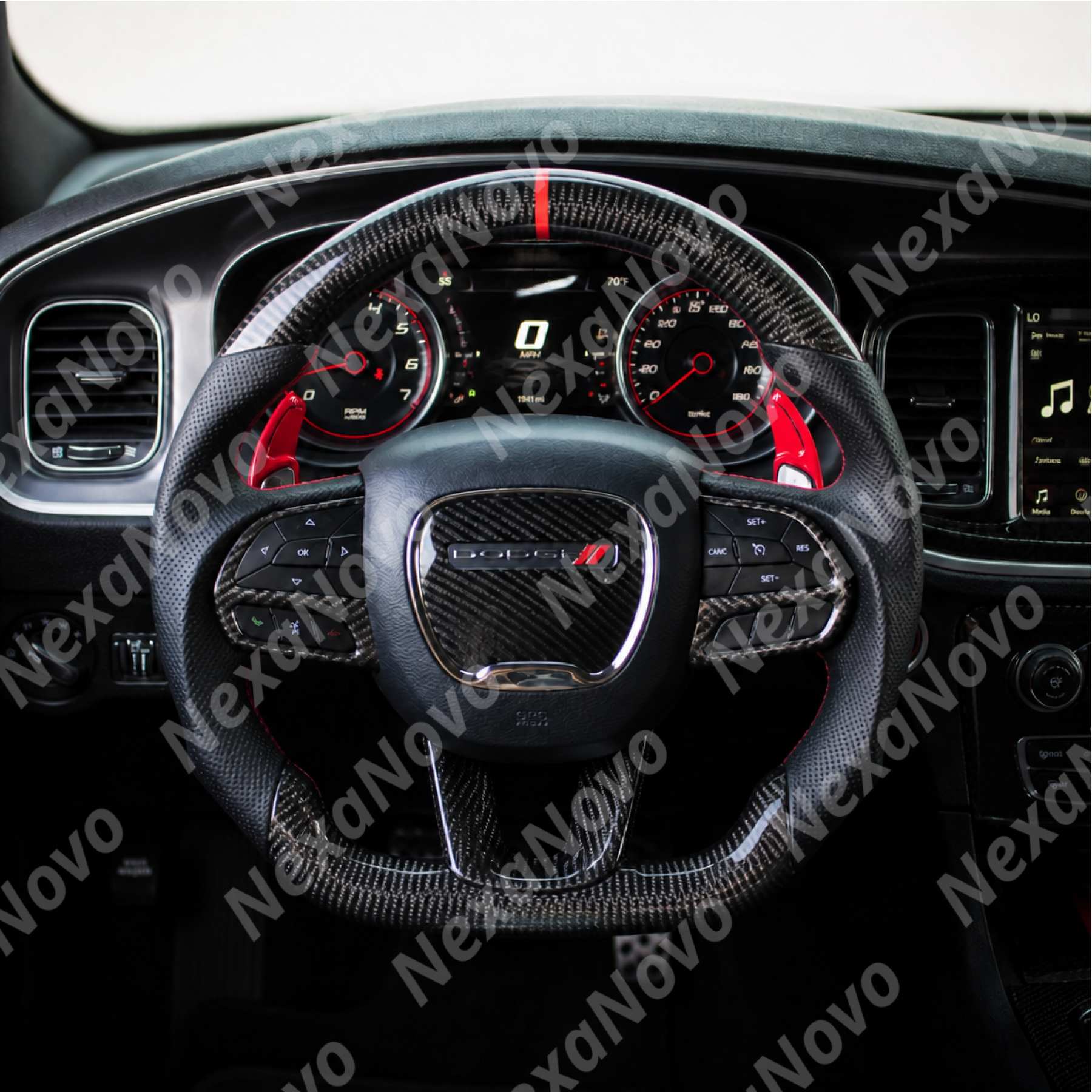 Side angle view demonstrating seamless clearance for factory or aftermarket paddle shifters behind the thickened grips