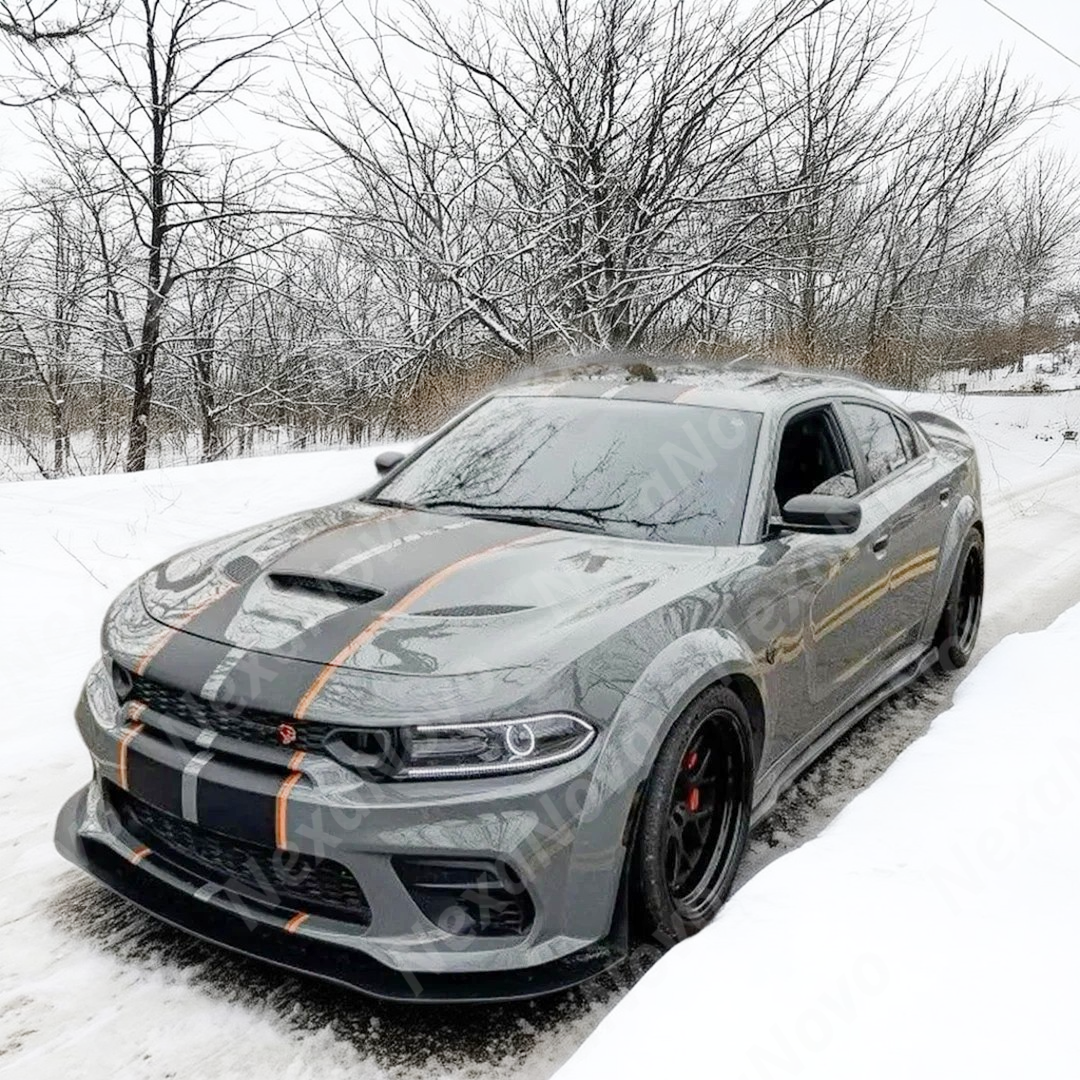 Custom look achieved with NexaNovo real carbon fiber hood cover on Charger