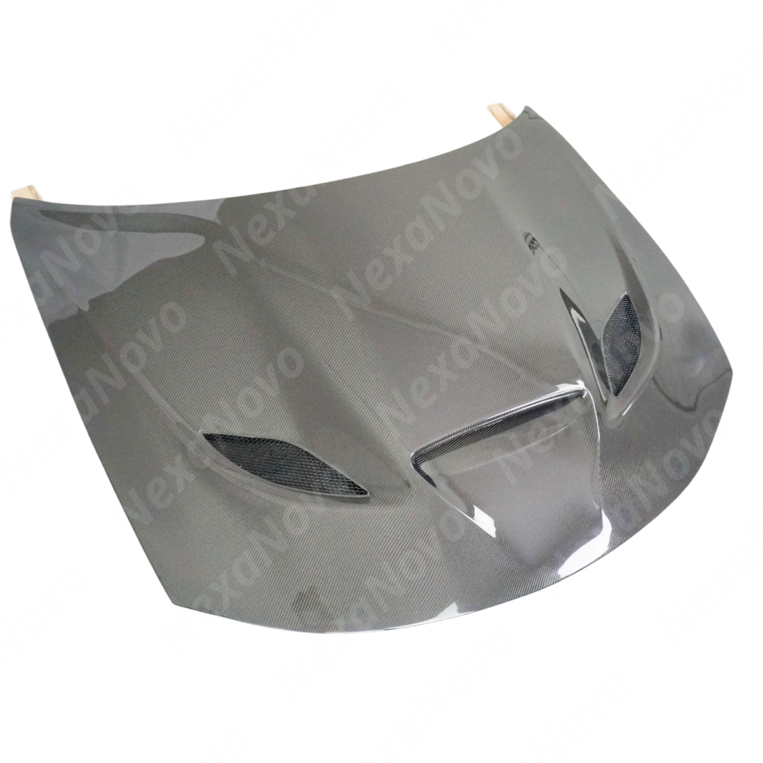 Uninstalled NexaNovo real carbon fiber SRT style vented engine hood cover, top view