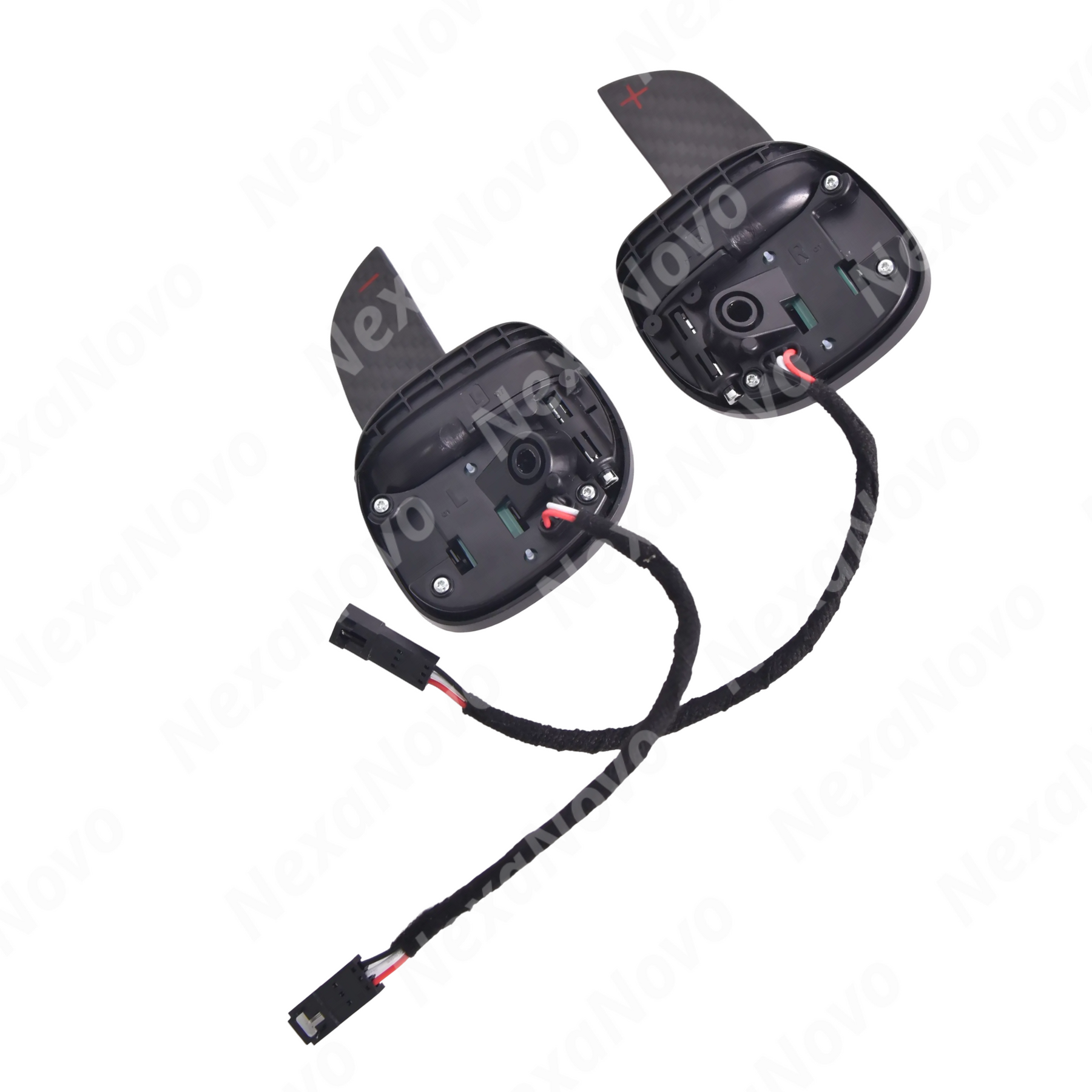 Extended carbon fiber paddle shifters accenting the flat-bottom steering wheel of a Dodge Charger SRT Hellcat