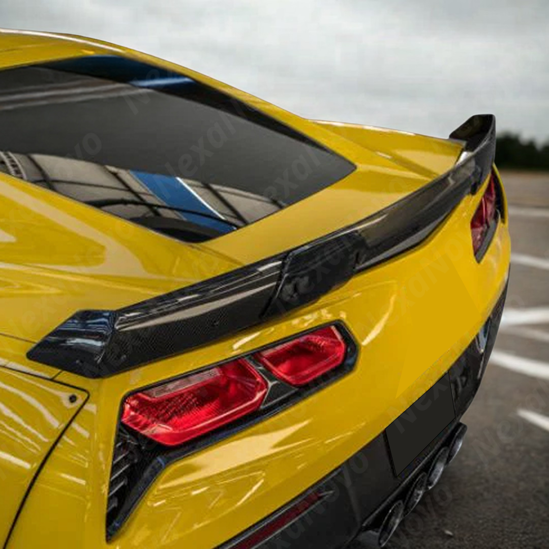 A dynamic carbon fiber print wing on a C7 Corvette Stingray

