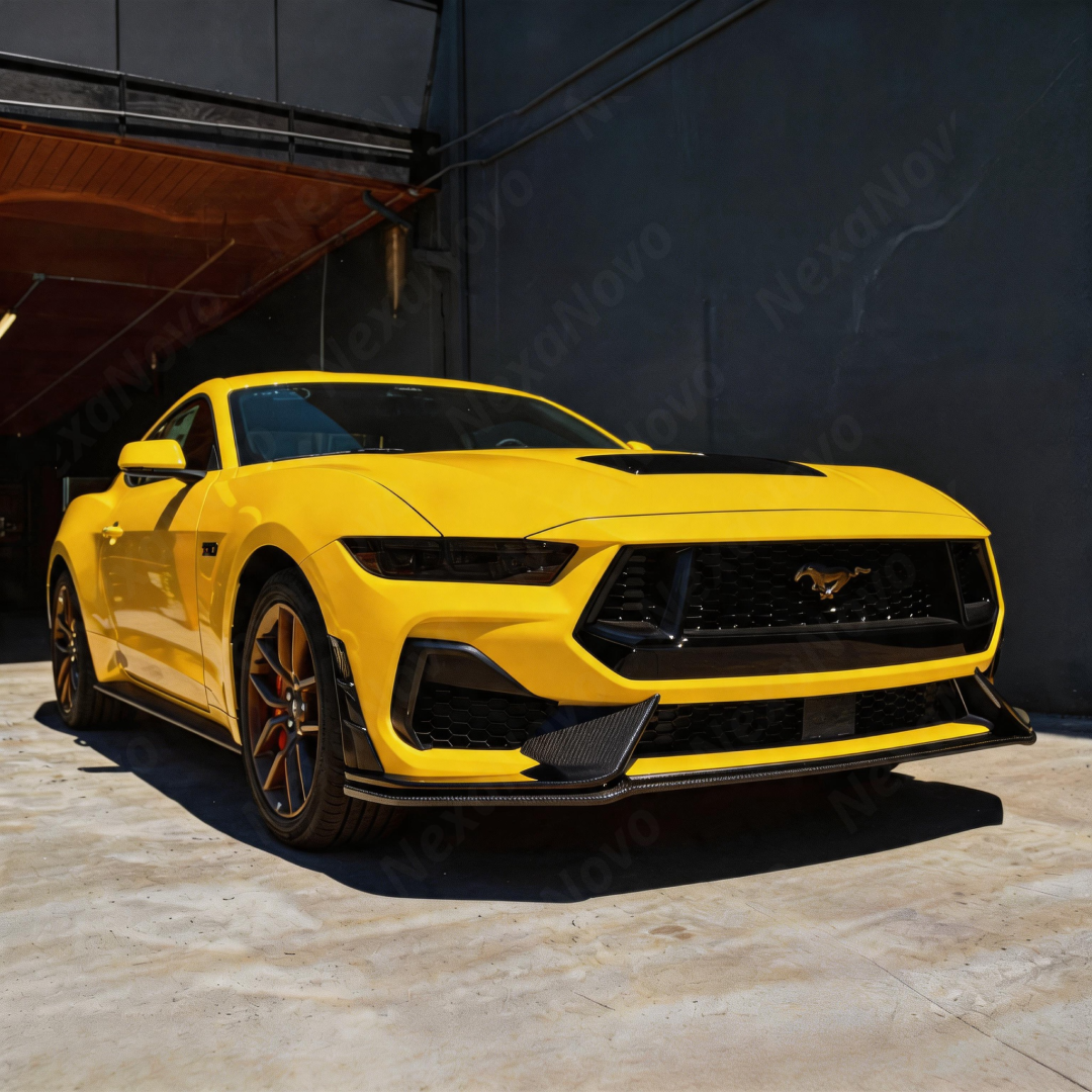 Low-profile track-level shot showing the prominent aerodynamic sculpture of the NexaNovo front lip