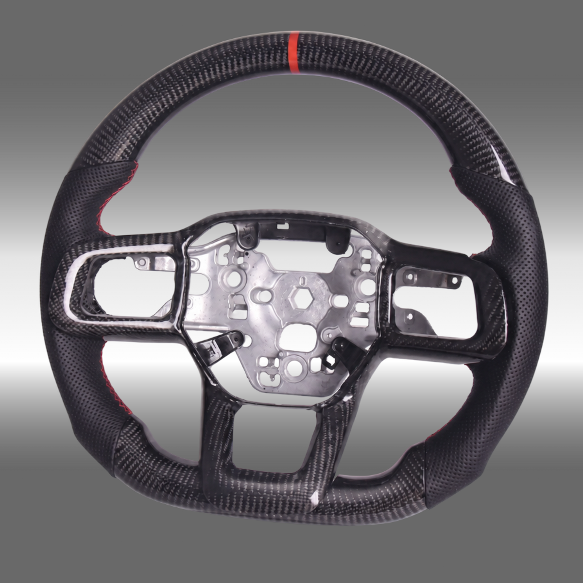 Custom 3K gloss carbon fiber sport steering wheel with perforated leather and red center stripe installed in a 2024-2027 Ford Mustang S650 cockpit