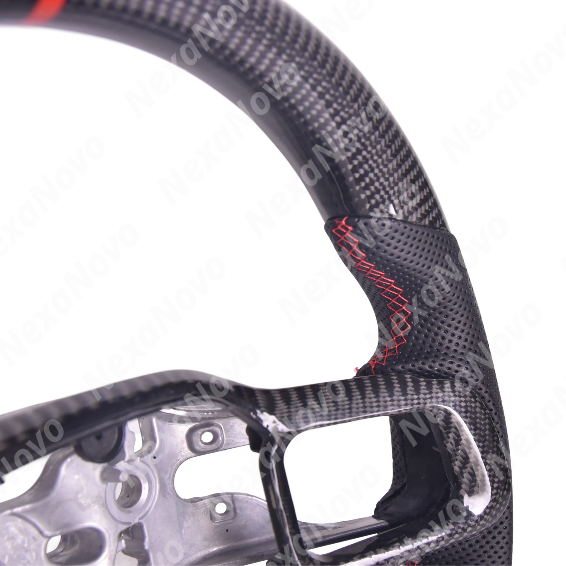 Direct front driver perspective highlighting the flat-bottom racing shape and red 12 o'clock center alignment line on a Mustang S650